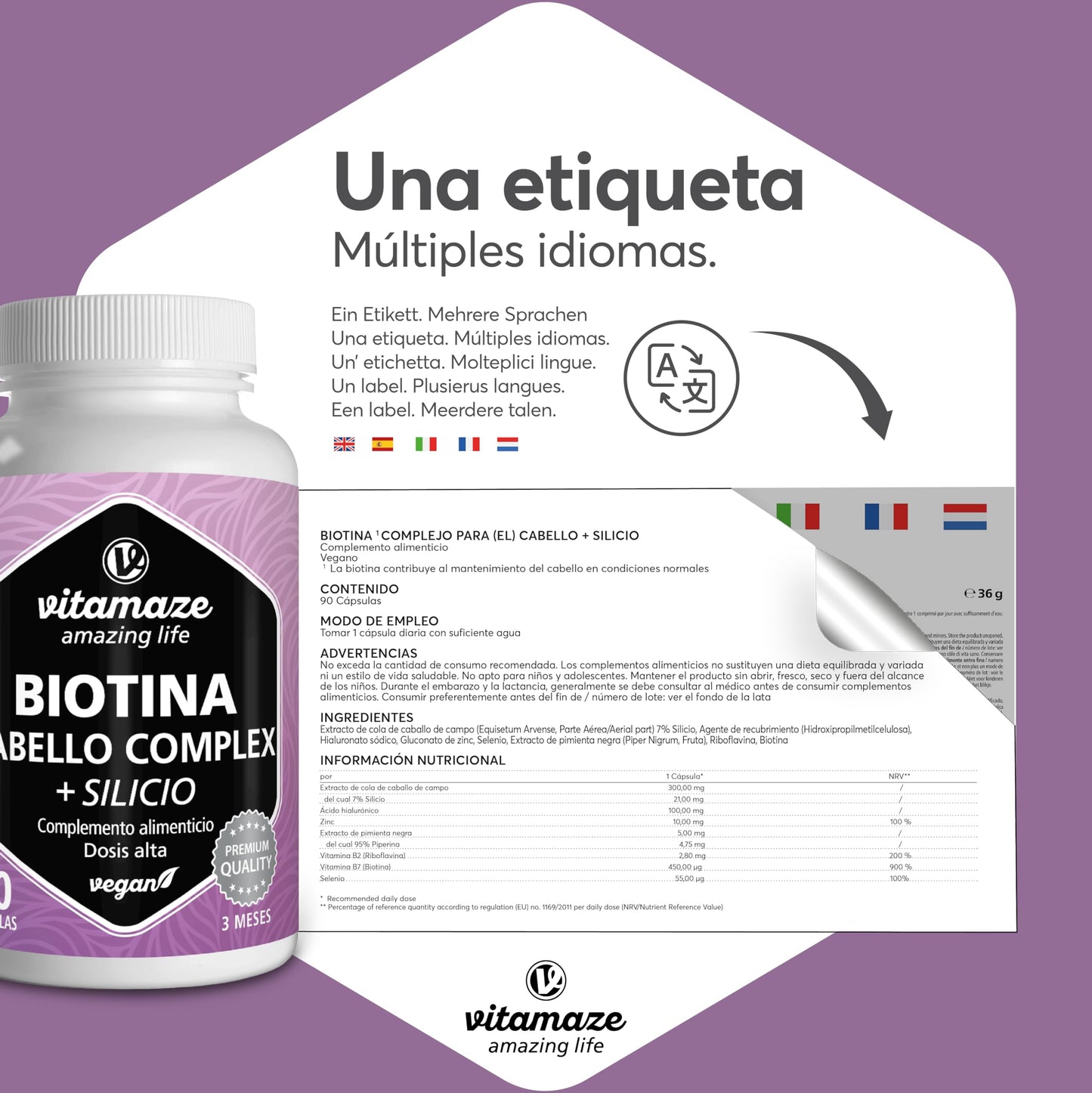 Biotin for Hair + Hair Vitamins with Silicon, Hyaluronic Acid, Zinc and Selenium, 90 Capsules, Anti-Hair Loss for Women with Vitamin B2 and Piperine. German Quality. Vitamaze®