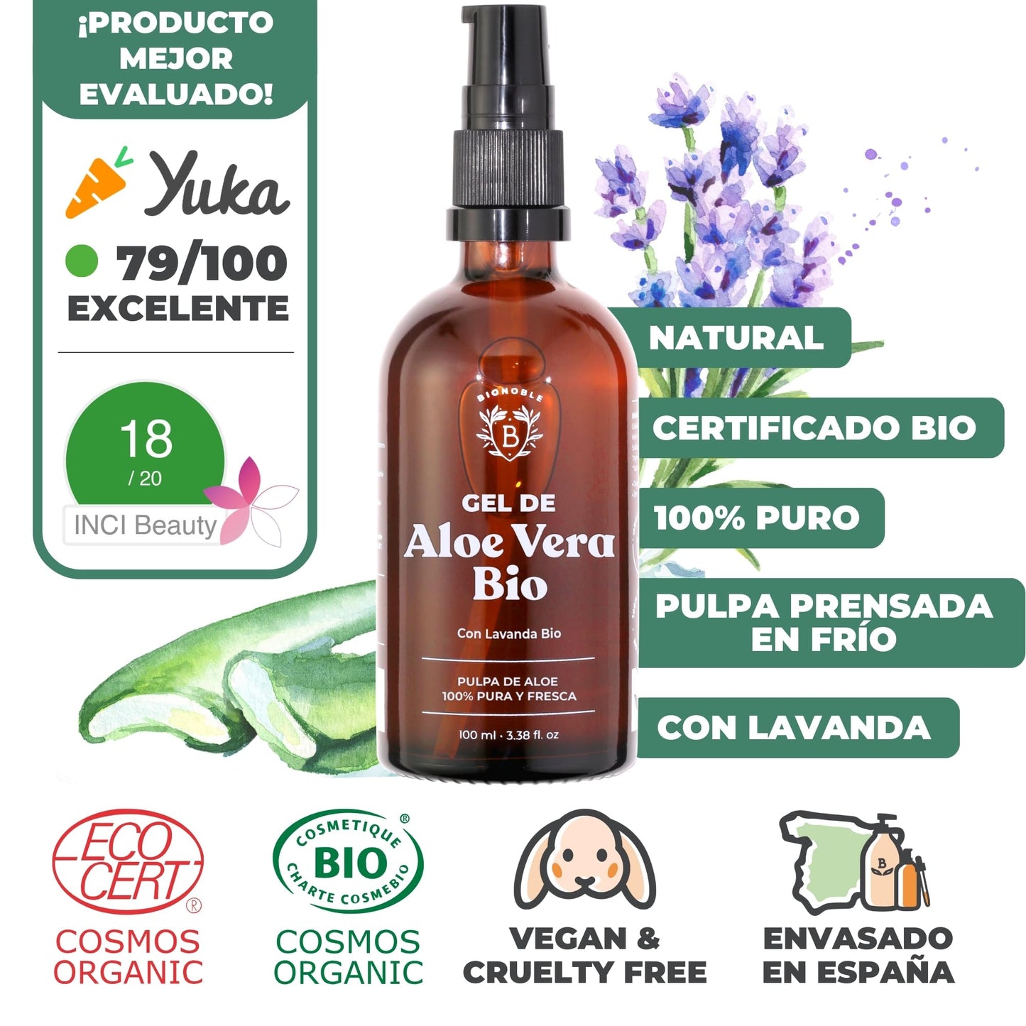 Bionoble Organic Aloe Vera Gel 100ml - Made with 100% Pure Fresh Aloe Pulp and Lavender - Xanthan Free - Face, Eye Contour, Body, Hair - Glass Bottle + Pump