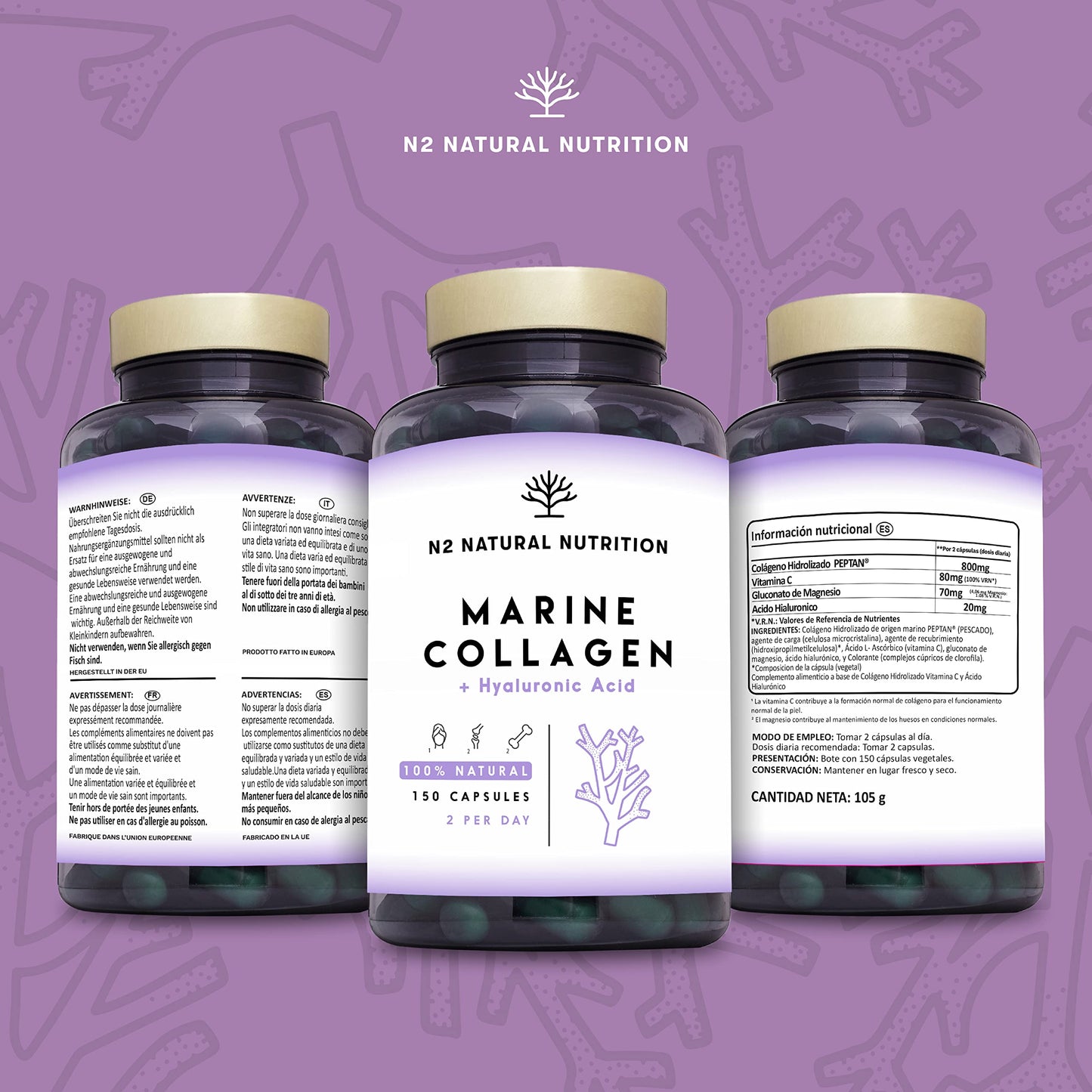 Collagen with Magnesium and Hyaluronic Acid. Vitamin C. 150 Capsules 75-day supply. High Concentration. Joint, Skin and Bone Care. PEPTAN Marine Collagen. CE.N2 Natural Nutrition