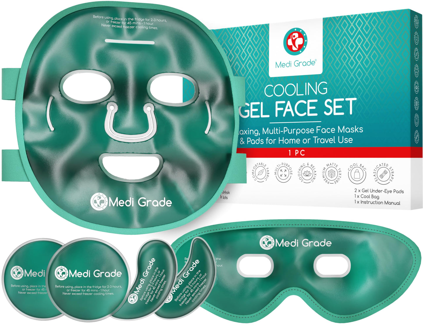 Cold Gel Mask and Eye Mask – Medi Grade Facial Gel Technology – Set for Women and Men, Cold Mask for Face Eyes and Anti Dark Circles