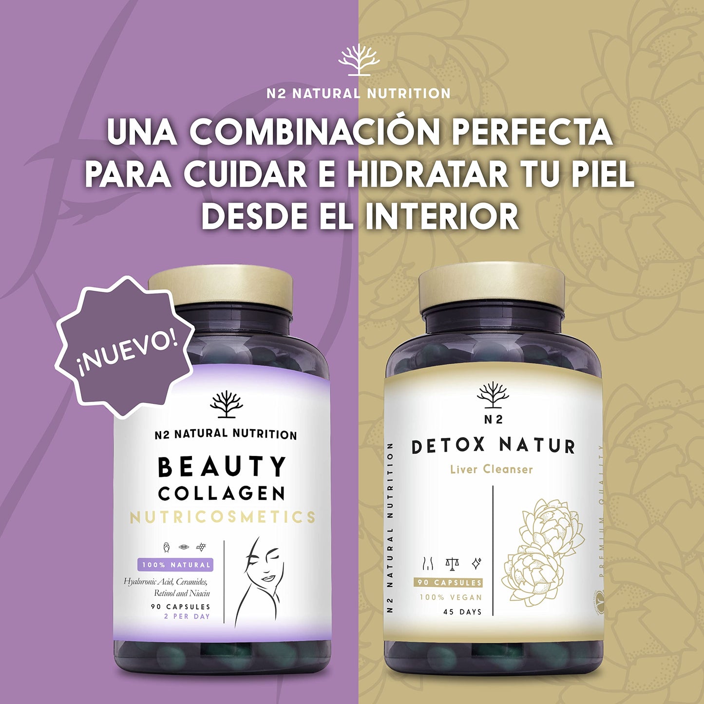 Hydrolyzed Collagen with Retinol, Hyaluronic Acid, Ceramides and Niacin. Healthy and Hydrated Skin. 90 Vegetable Capsules. Natural Barrier. With Vitamin C. CE. N2 Natural Nutrition