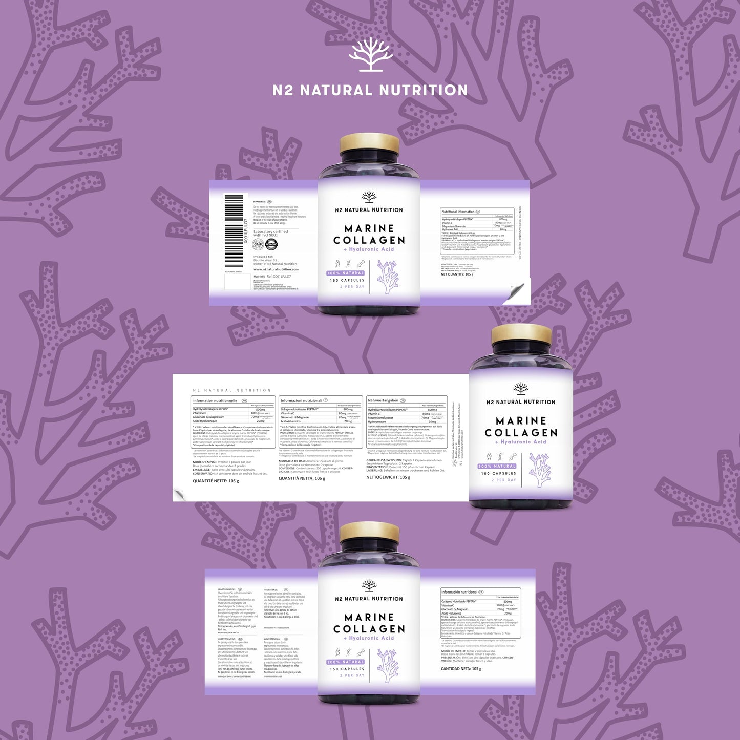 Collagen with Magnesium and Hyaluronic Acid. Vitamin C. 150 Capsules 75-day supply. High Concentration. Joint, Skin and Bone Care. PEPTAN Marine Collagen. CE.N2 Natural Nutrition