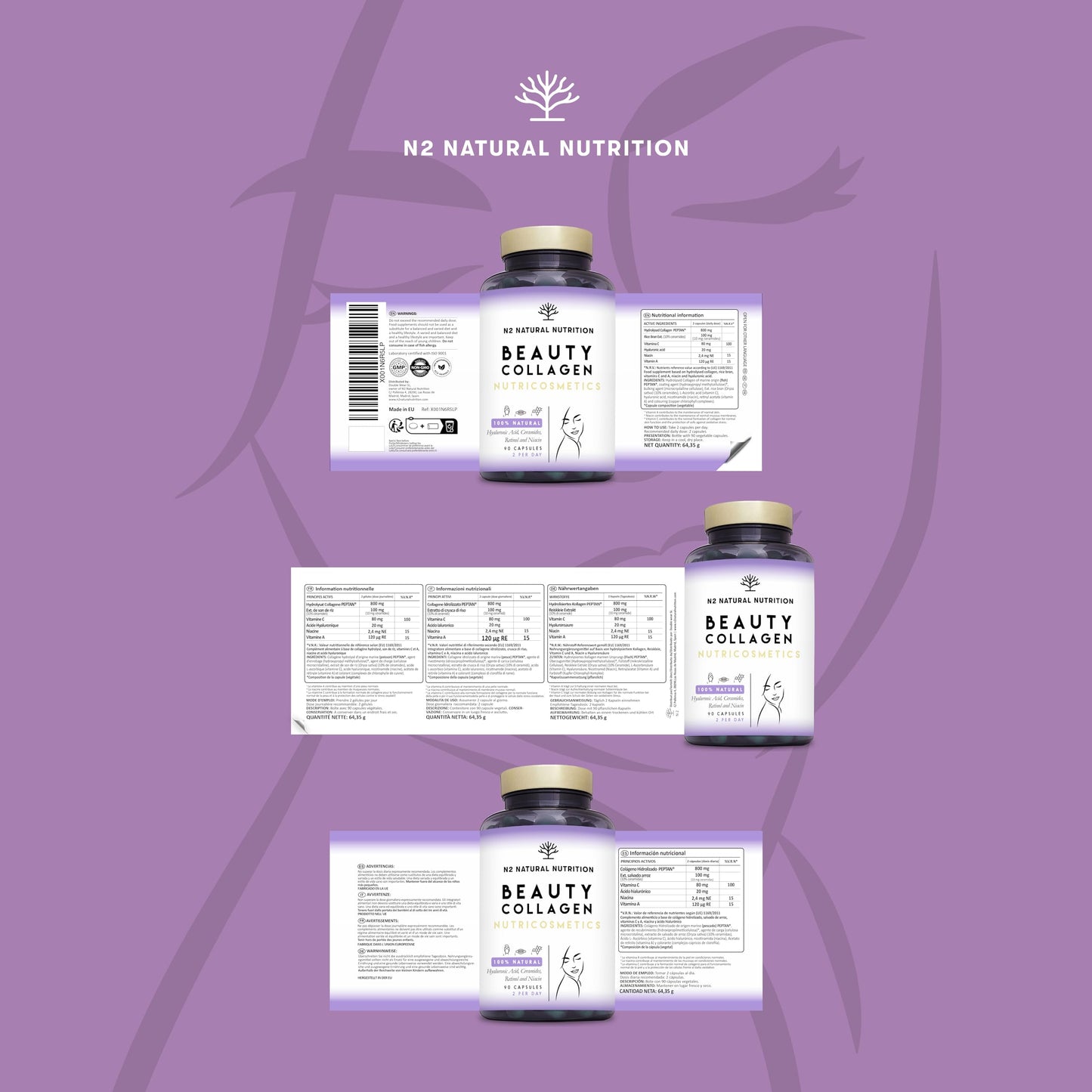 Hydrolyzed Collagen with Retinol, Hyaluronic Acid, Ceramides and Niacin. Healthy and Hydrated Skin. 90 Vegetable Capsules. Natural Barrier. With Vitamin C. CE. N2 Natural Nutrition