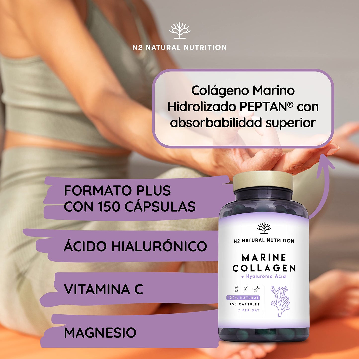 Collagen with Magnesium and Hyaluronic Acid. Vitamin C. 150 Capsules 75-day supply. High Concentration. Joint, Skin and Bone Care. PEPTAN Marine Collagen. CE.N2 Natural Nutrition