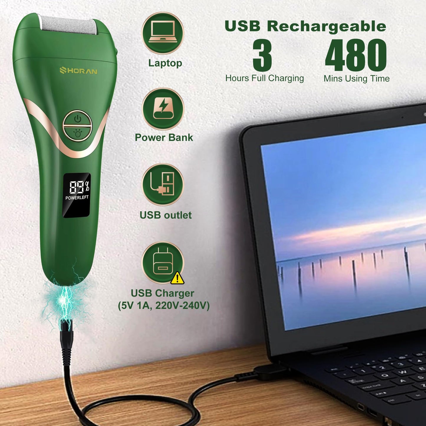 SHORAN Electric Foot File Hard Skin, Professional Pedicure Electric Callus Remover, Foot Machine for Exfoliating to Eliminate Hard Skin and Calluses, Rechargeable Foot File Hard Skin with 2 Foot Scrapers and 3 Rollers