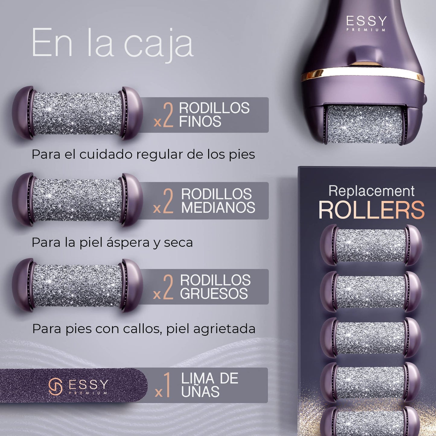 Lima Eléctrica Recargable Essy para Pies con 5 Rodillos - Morado