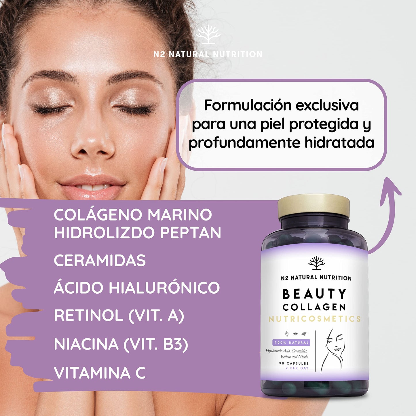 Hydrolyzed Collagen with Retinol, Hyaluronic Acid, Ceramides and Niacin. Healthy and Hydrated Skin. 90 Vegetable Capsules. Natural Barrier. With Vitamin C. CE. N2 Natural Nutrition