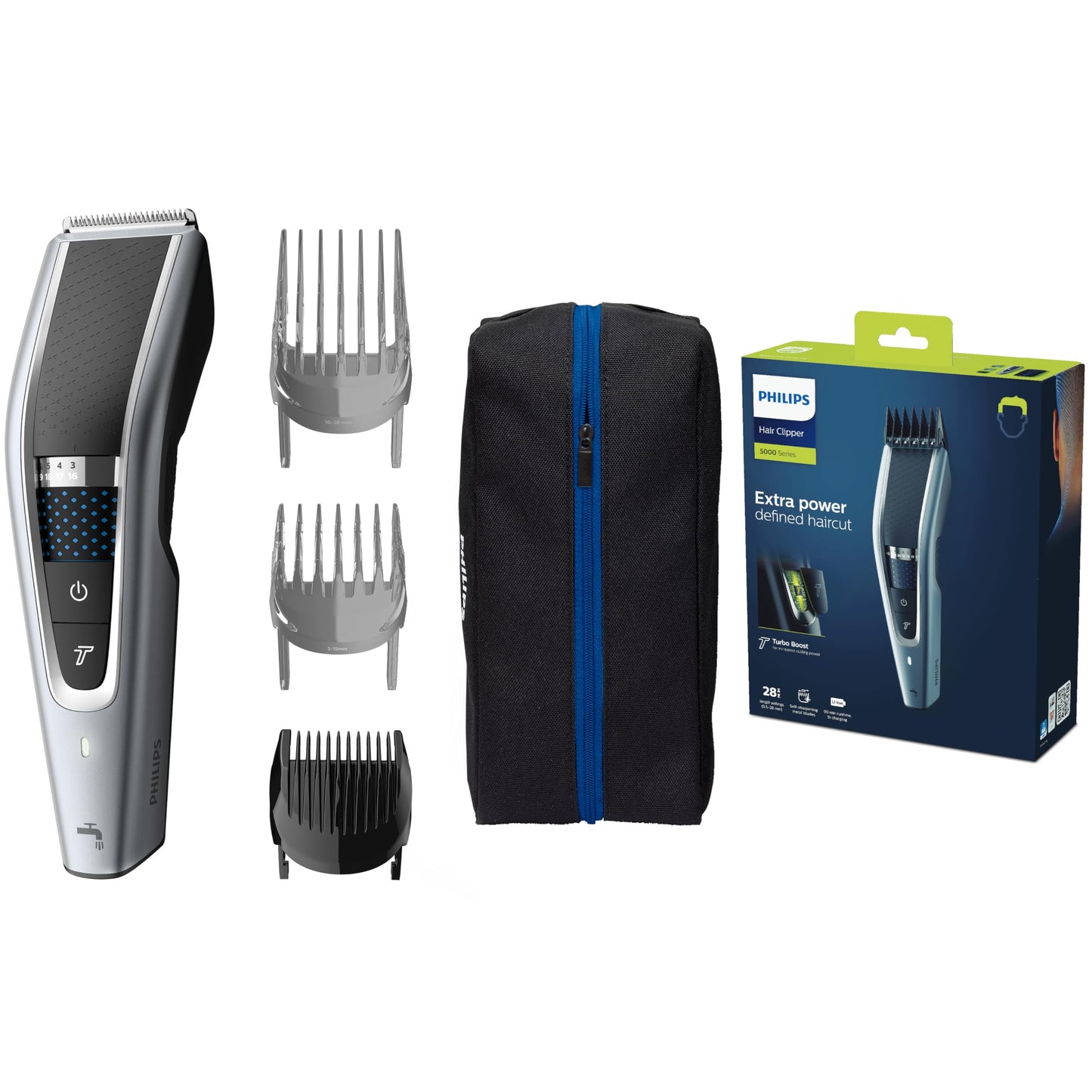 Philips Series 5000 HC5630/15 - Hair clipper, 28 length settings for your desired style, 90 min of cordless use, includes 3 guide combs and case
