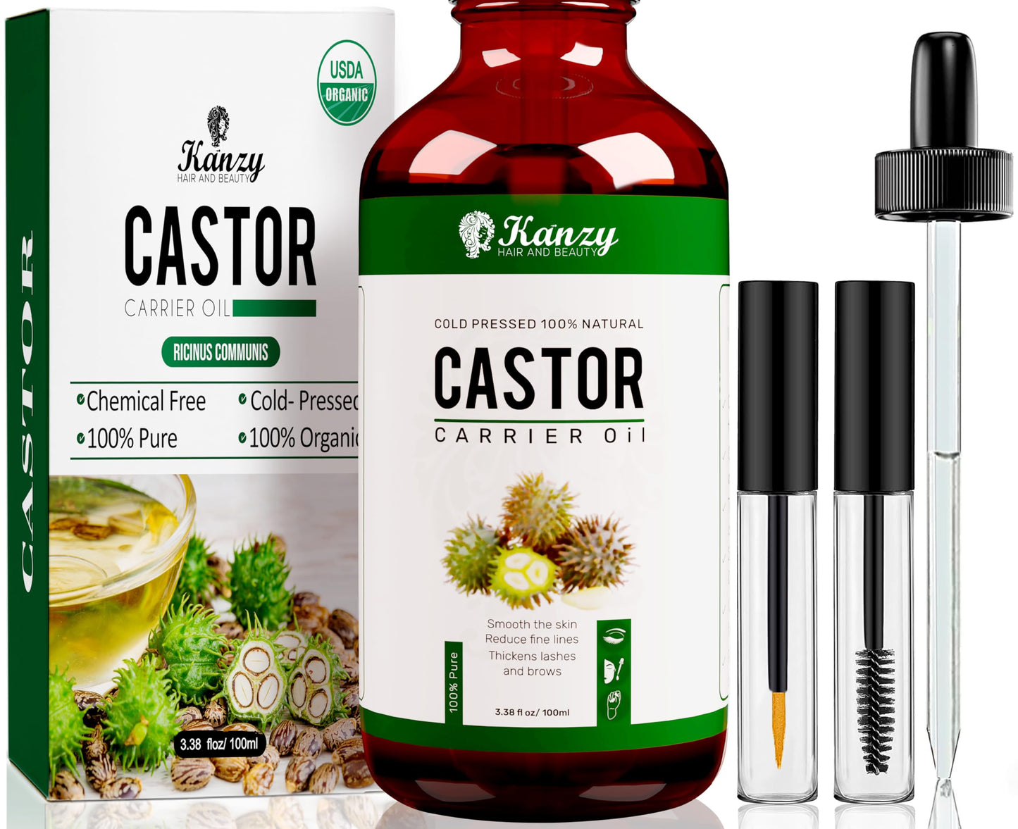 Kanzy Castor Oil for Eyelashes and Eyebrows 100ml Pure Oil for Hair, Beard, Nails, Body and Face Cold Pressed, Ideal for Hair Growth with Brushes, unisex