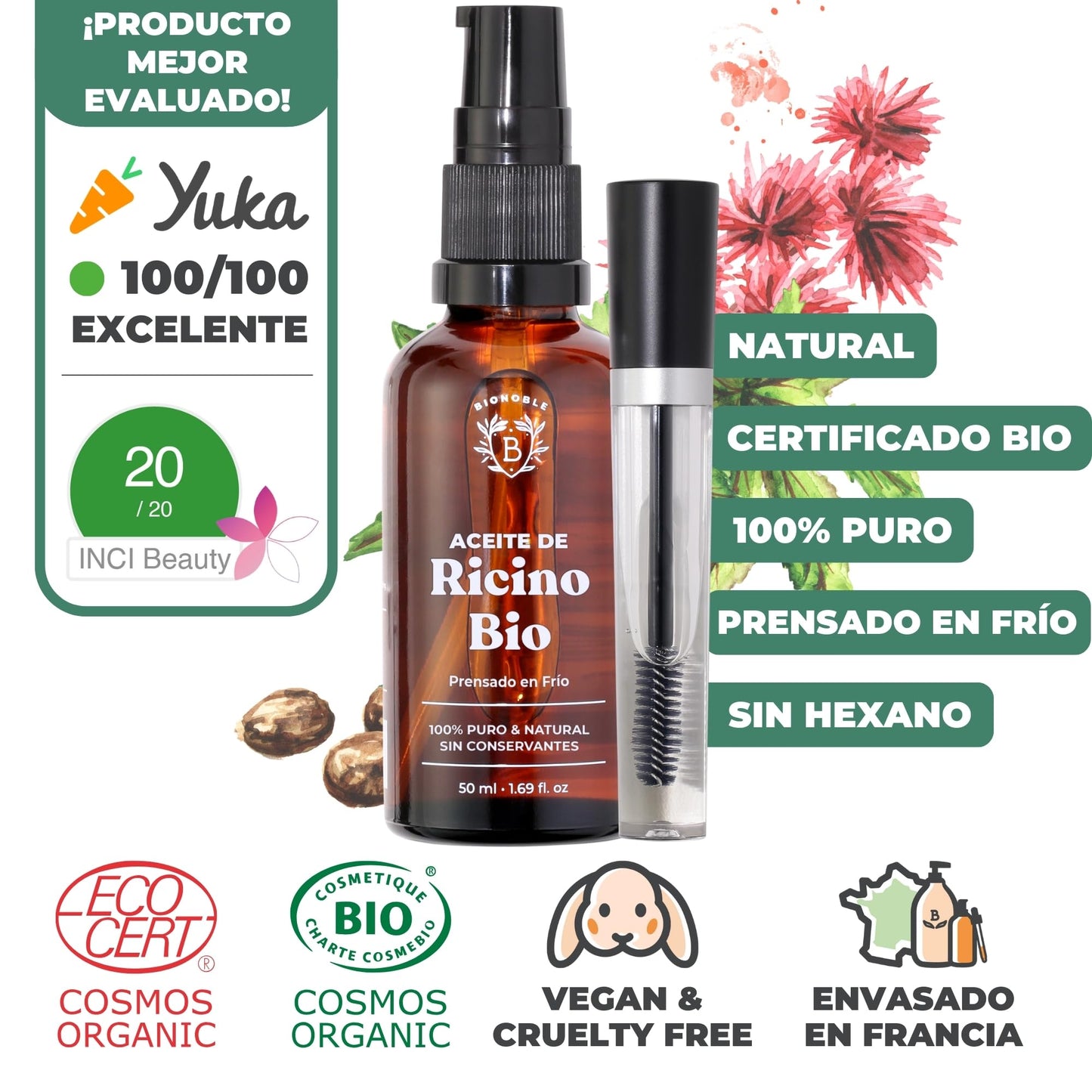 Aceite de Ricino Orgánico Bionoble 50 ml – 100% Puro para Pestañas, Cabello, Barba y Uñas + Kit Completo