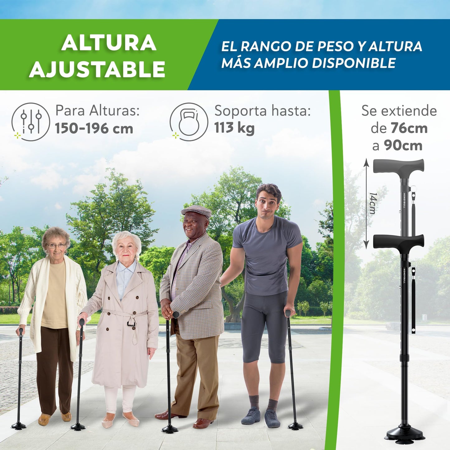 HONEYBULL Bastón Retráctil Ajustable para Adulto Mayor - Negro