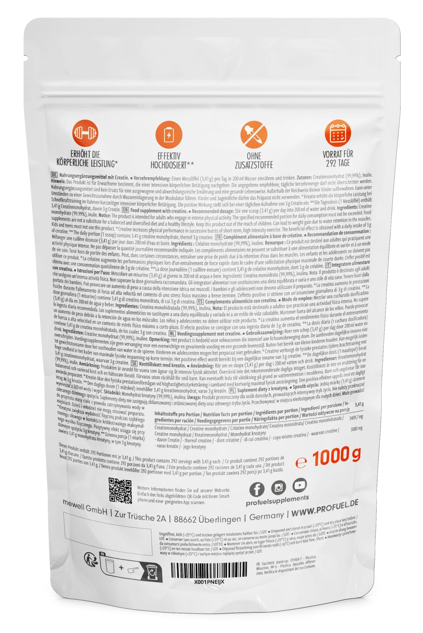 Creatine Monohydrate Powder 1kg / 1000g - Micronized Quality - Optimally Dosed - Pure Creatine without Additives - 100% Vegan - for 292 Days