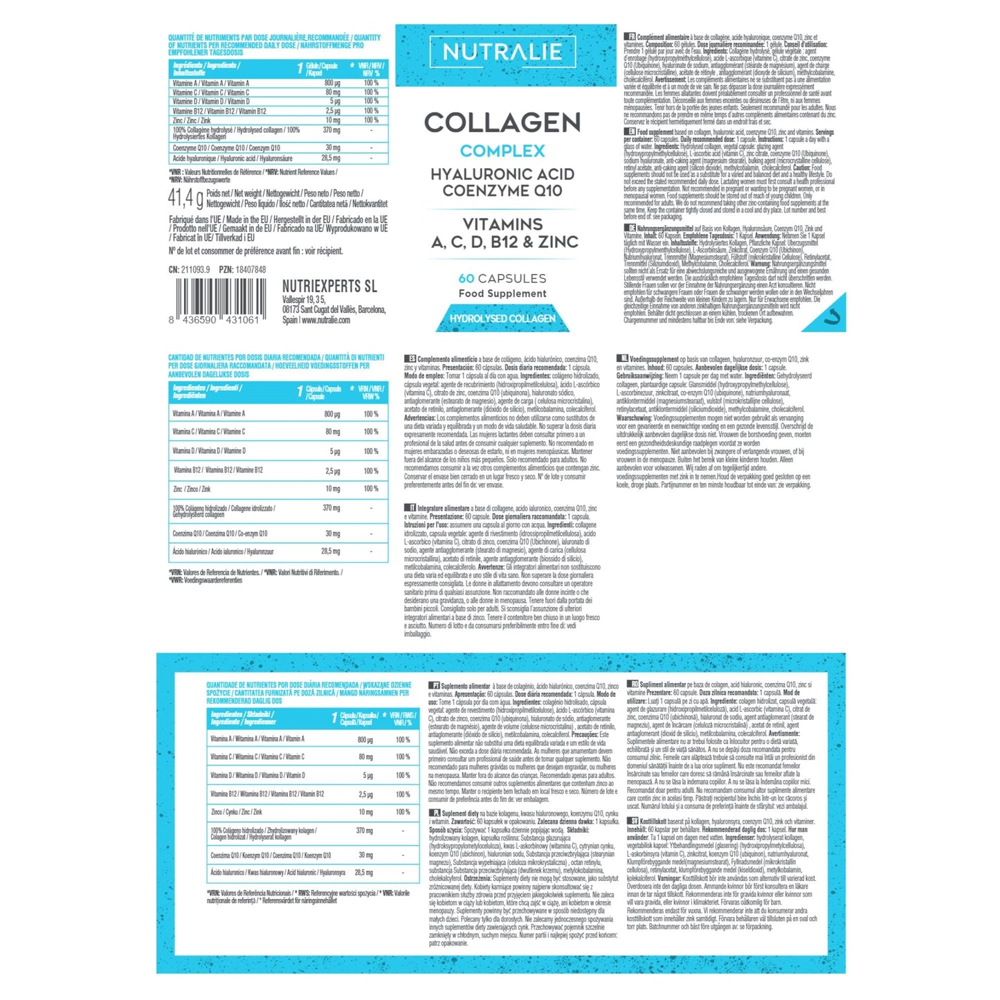 Collagen + Hyaluronic Acid + Coenzyme Q10 + Vitamins A, C, D and B12 + Zinc | For Joints and Skin | Hydrolyzed in 60 capsules | Nutralie