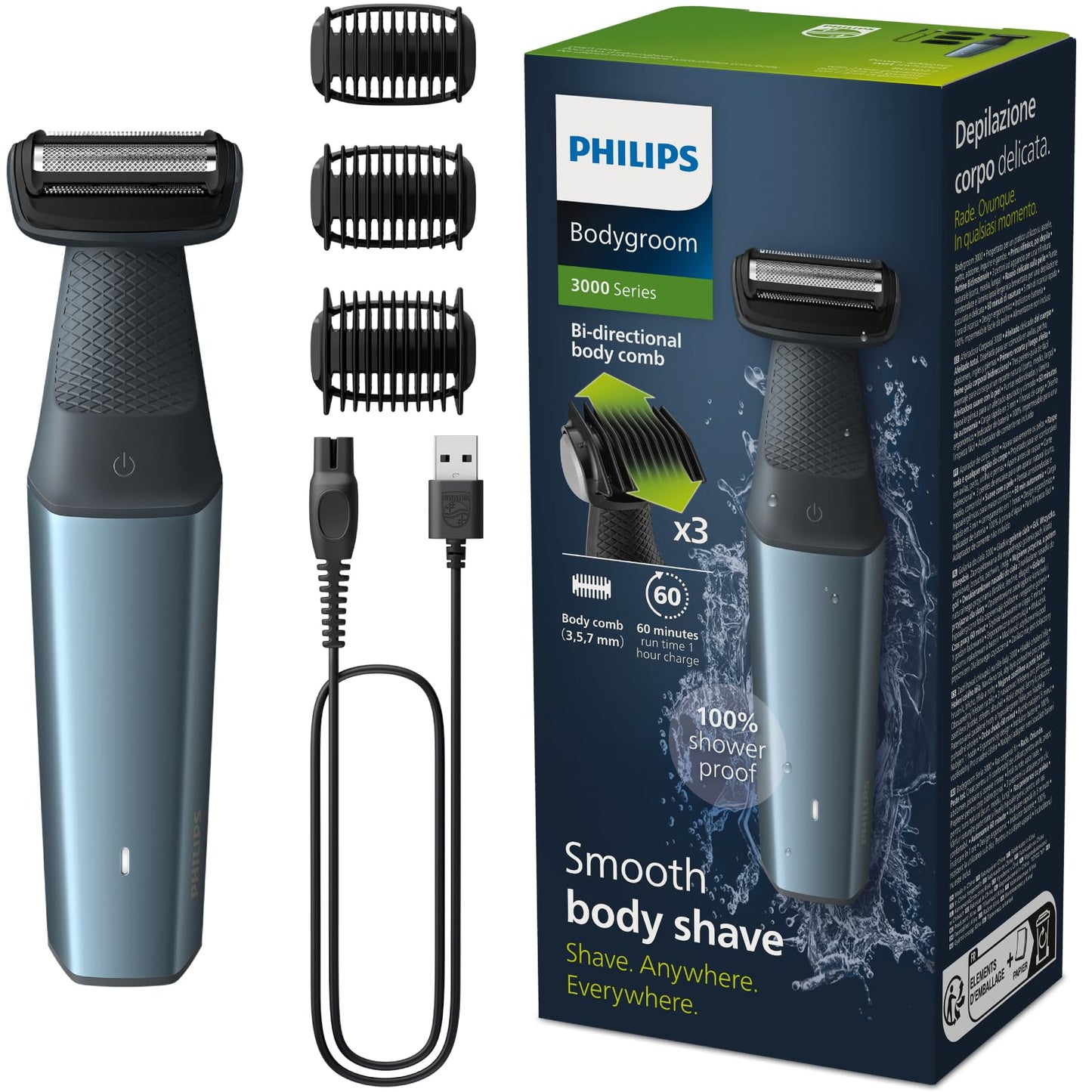 Philips BG3027/03 Men's Bodygroom Series 3000 Body Groomer, Waterproof, with 3 Guide Combs, 60 min Runtime, Blue/Black
