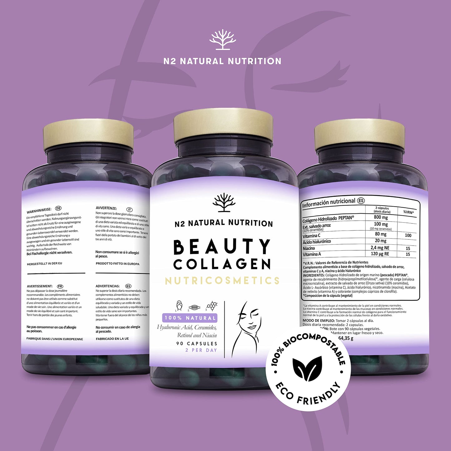 Hydrolyzed Collagen with Retinol, Hyaluronic Acid, Ceramides and Niacin. Healthy and Hydrated Skin. 90 Vegetable Capsules. Natural Barrier. With Vitamin C. CE. N2 Natural Nutrition