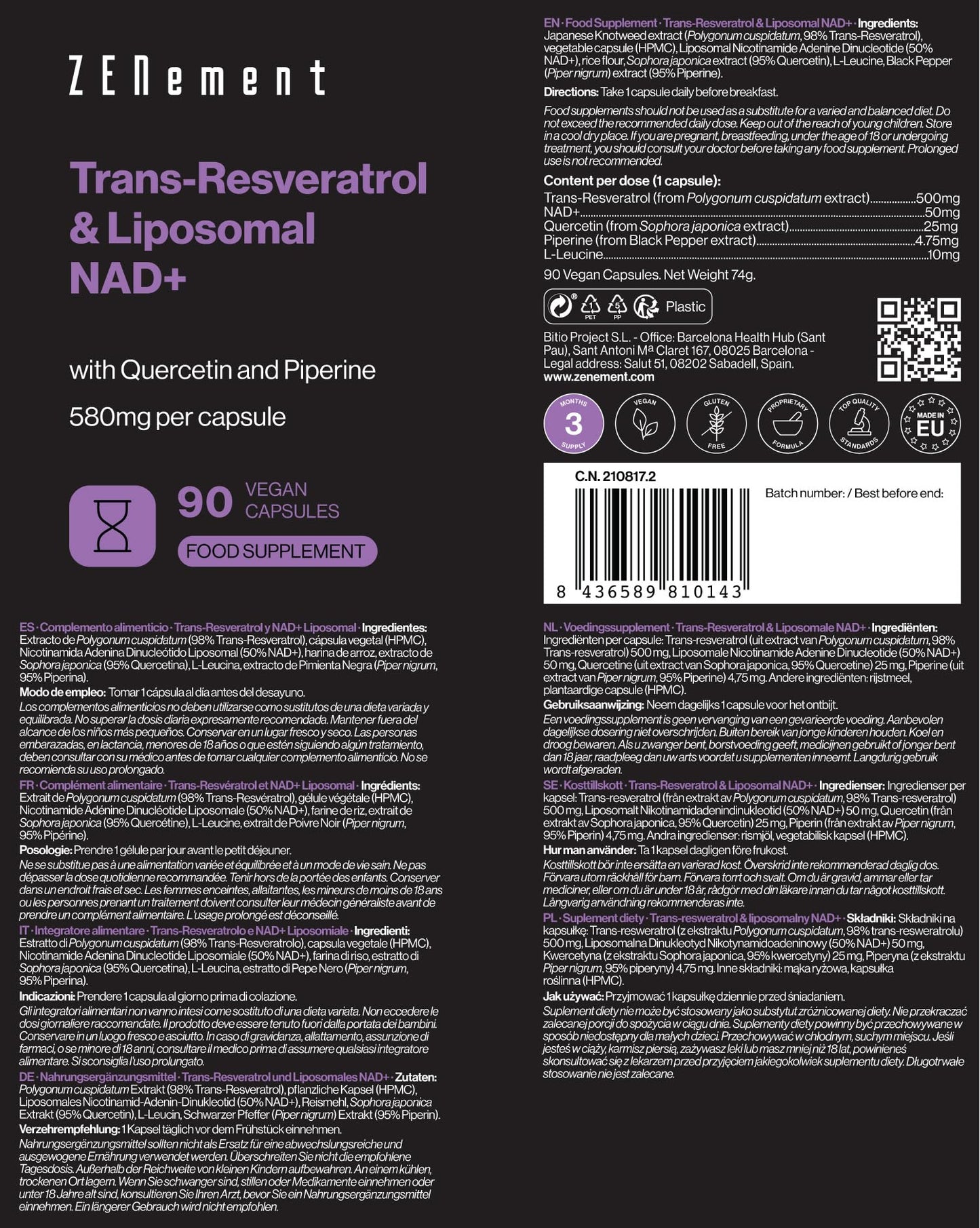 Trans-Resveratrol & Liposomal NAD+, with Quercetin and Piperine, 580 mg per Capsule, 90 Capsules - Anti-Aging and Sirtuin Activator - Zenement