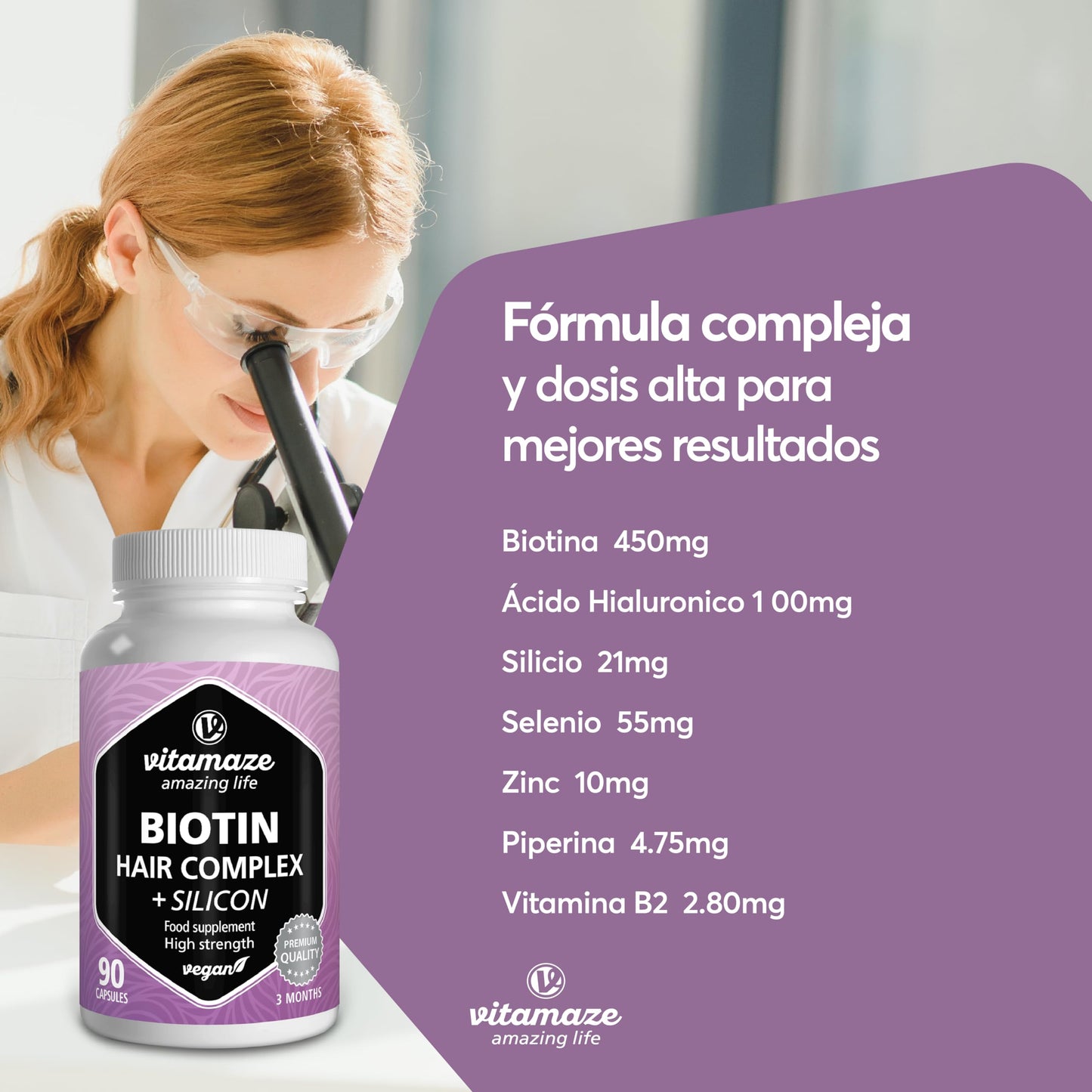 Biotin for Hair + Hair Vitamins with Silicon, Hyaluronic Acid, Zinc and Selenium, 90 Capsules, Anti-Hair Loss for Women with Vitamin B2 and Piperine. German Quality. Vitamaze®