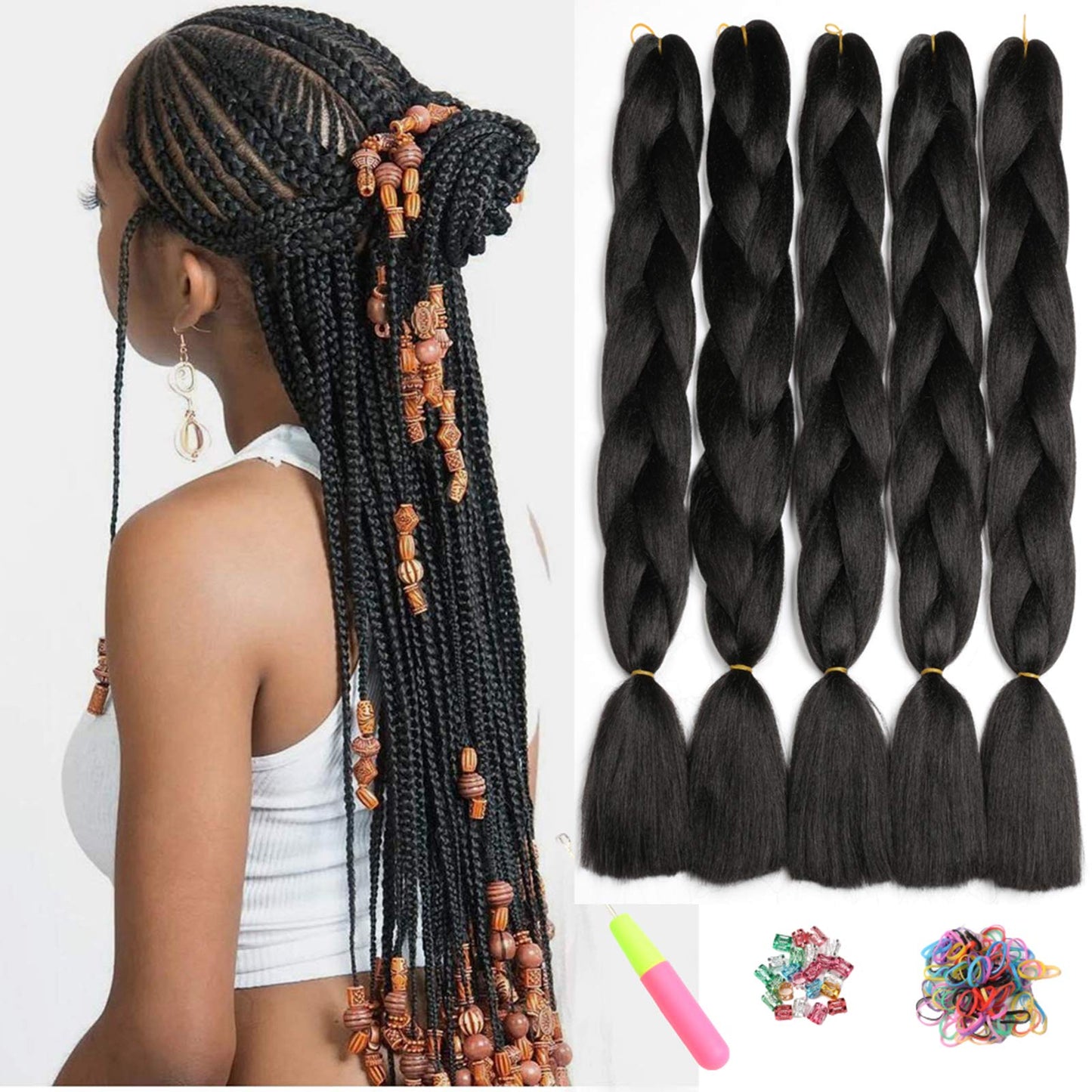 ShowJarlly 5 Piezas Extensiones de Pelo Africanas Trenzas 24" - Negro Natural