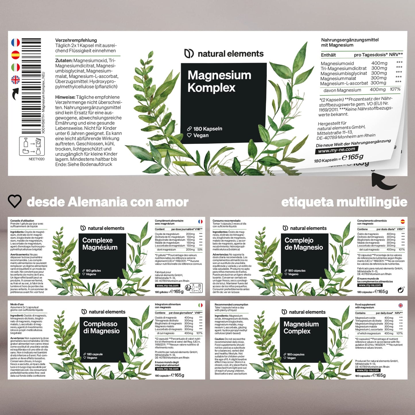 Magnesium Complex – Premium: 5 compounds – citrate + bisglycinate + magnesium oxide – 400mg per daily dose – Laboratory tested, vegan