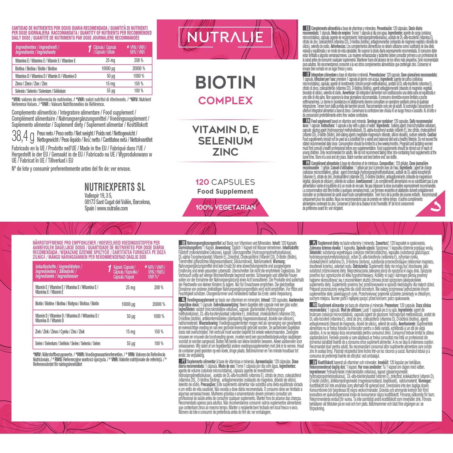 Biotina 10,000 mcg Nutralie – Cabello, Piel y Uñas Fuertes con Zinc y Selenio (120 Cápsulas)