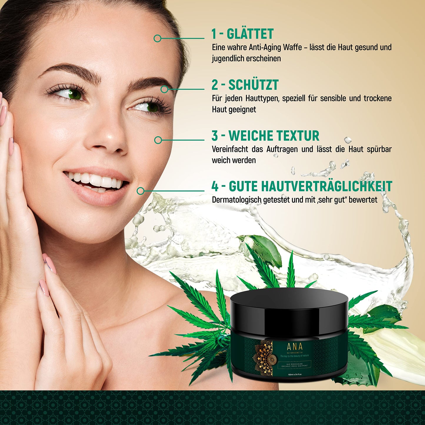 BIO Moss Ointment with Aloe Vera, Hyaluronic Acid, Iceland Moss, Q10, Algaktiv® and Ceramide III - Anti-Aging Face Care - Day and Night Care - 100ml - ANA Naturkosmetik
