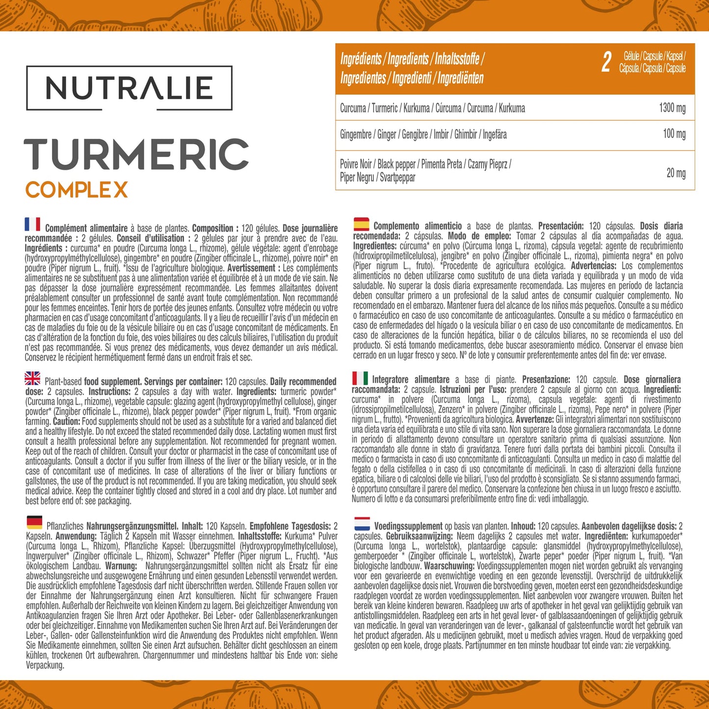 Organic Turmeric with Ginger and Black Pepper (1420mg x Dose) Powerful Anti-inflammatory and Natural Antioxidant - High Concentration Curcumin and Piperine - Turmeric BIO | 120 Capsules Nutralie