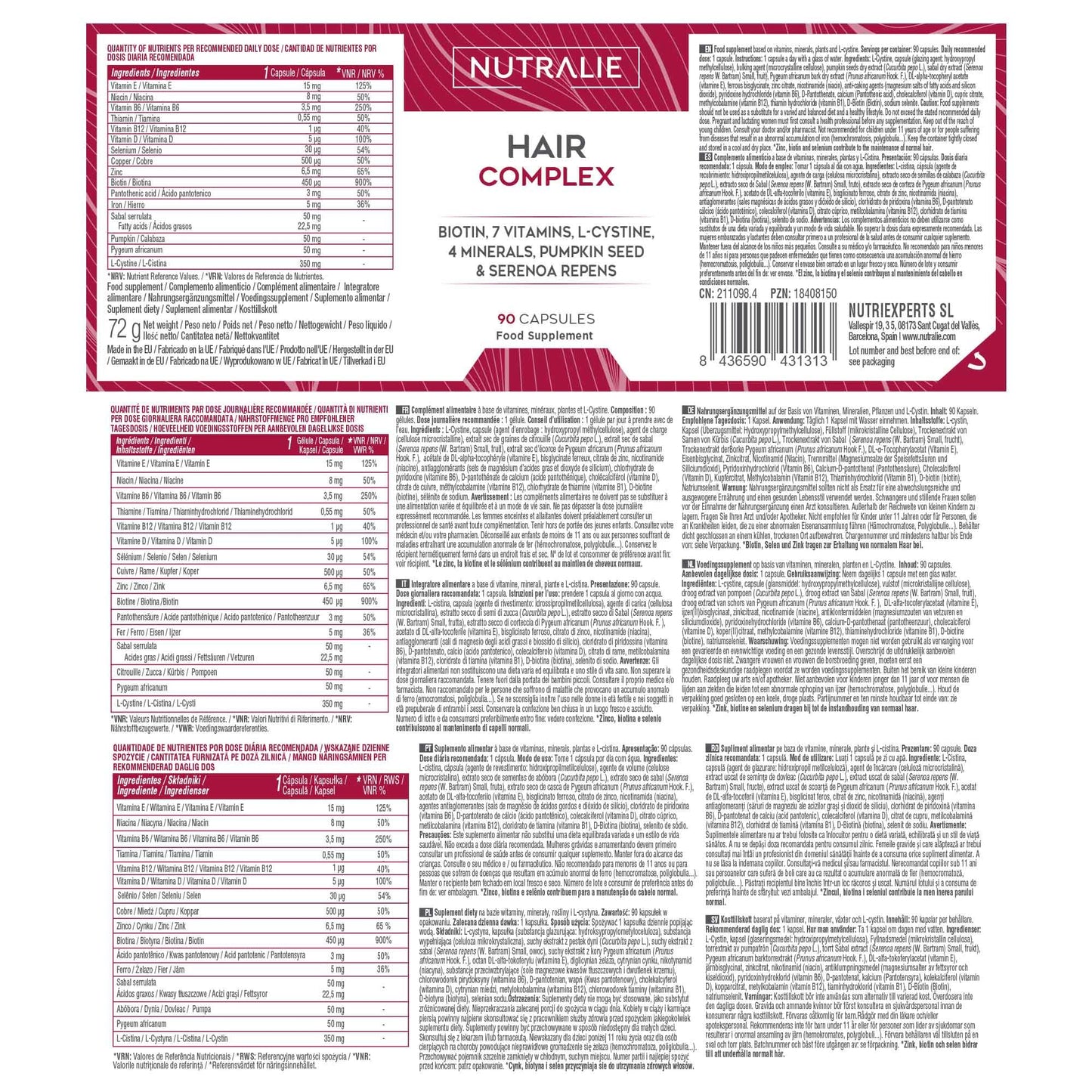 VITAMINAS PARA EL CABELLO NUTRALIE – Crecimiento y Anticaída Natural, 90 Cápsulas
