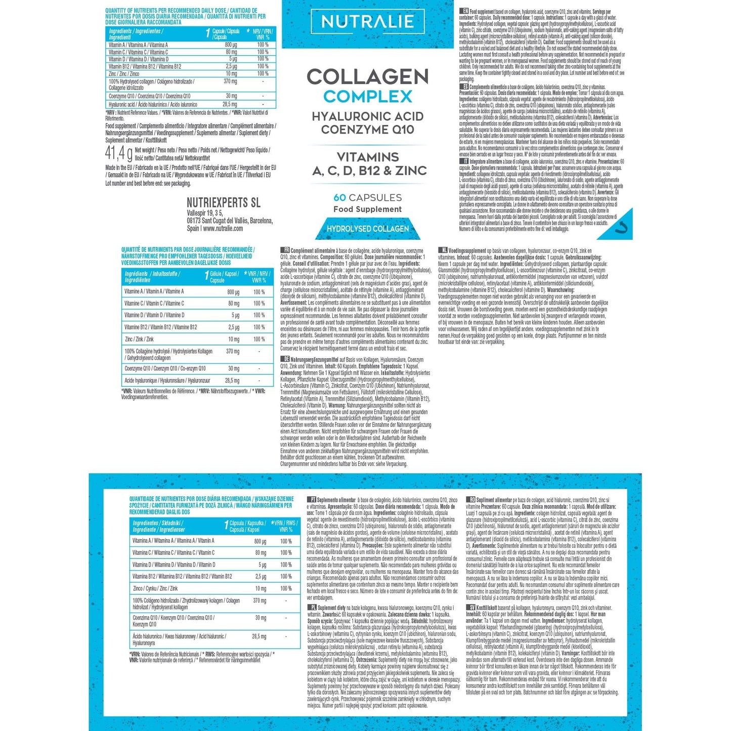 Collagen Hyaluronic Acid Q10 - Pure Hydrolyzed - Joints Skin + Vitamins CAD B12 + Zinc - 60 capsules - Nutralie (No dyes)