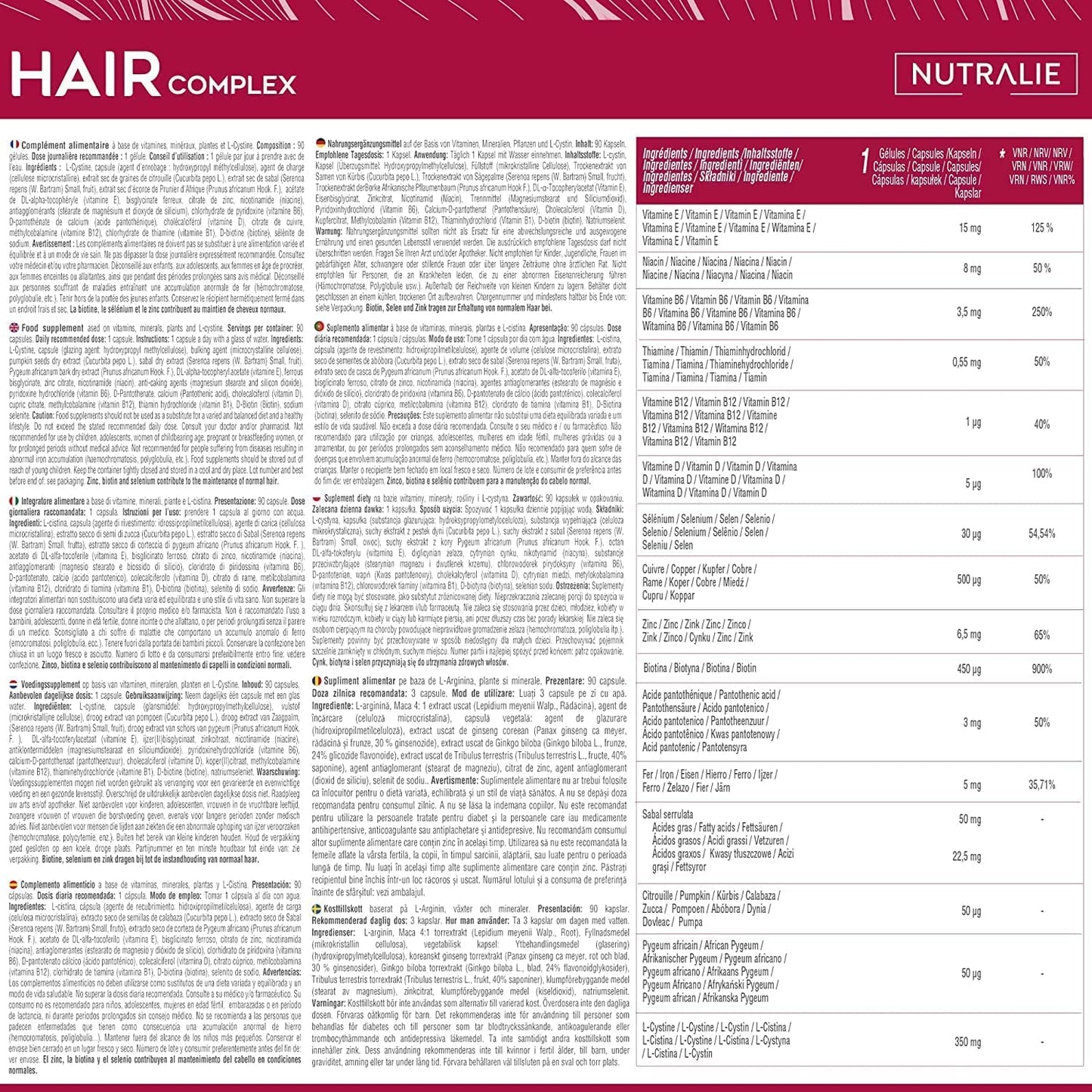 VITAMINAS PARA EL CABELLO NUTRALIE – Crecimiento y Anticaída Natural, 90 Cápsulas
