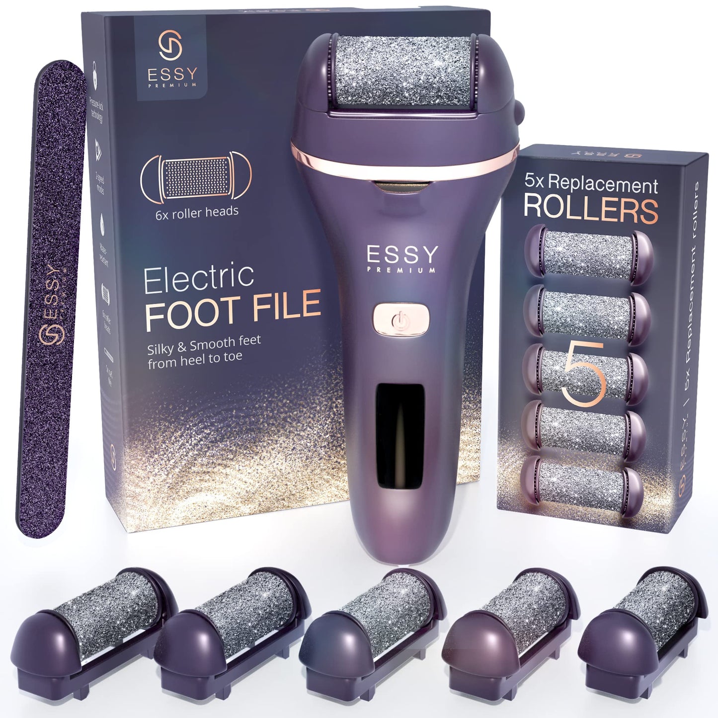 Lima Eléctrica Recargable Essy para Pies con 5 Rodillos - Morado