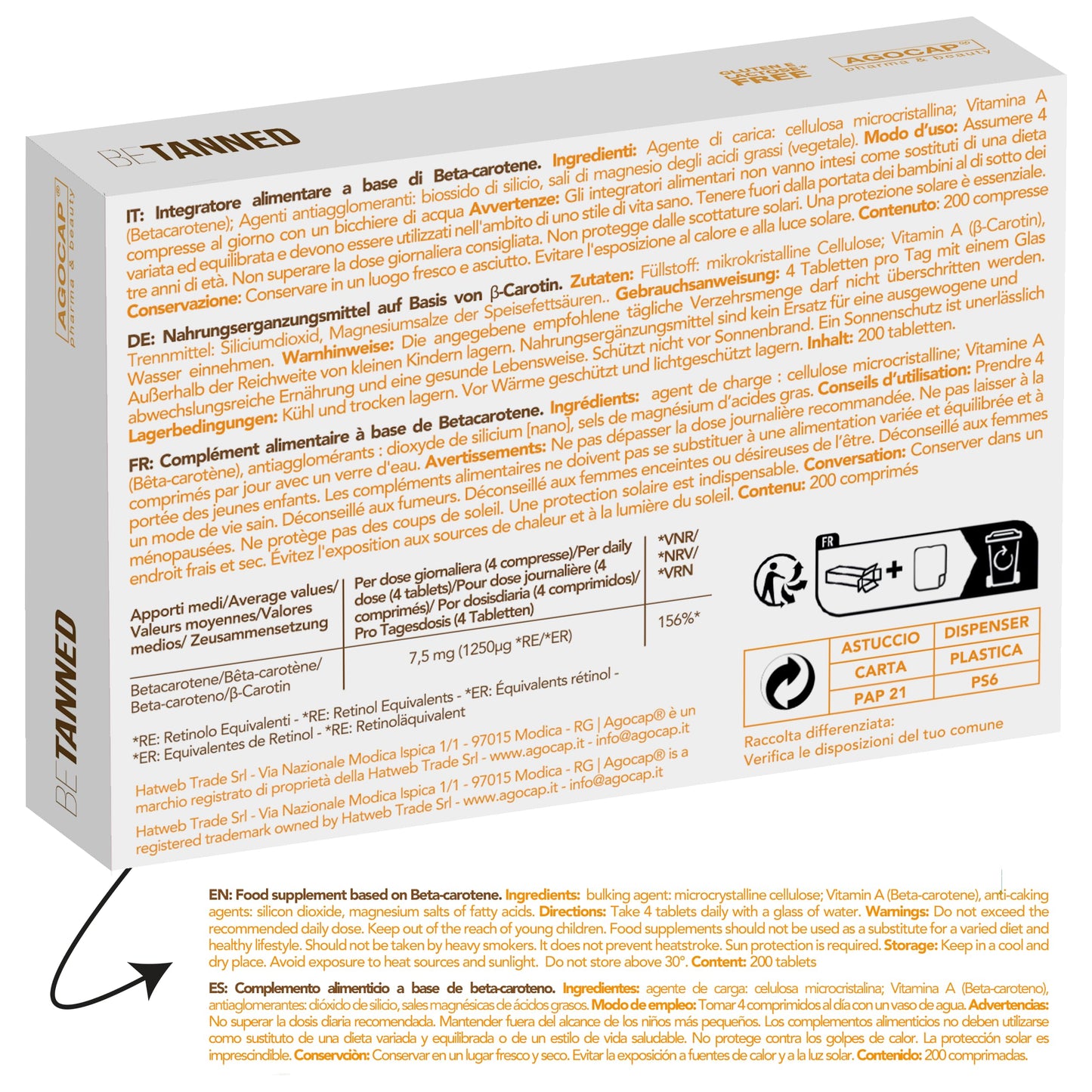 Betacaroteno 200 Comprimidos - Suplemento Bronceador Natural, Estimula la Producción de Melanina y Protege la Piel - Fabricado en Italia