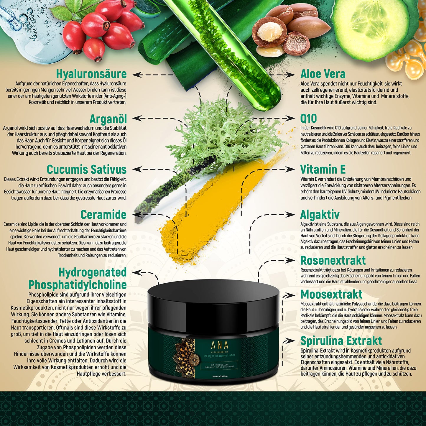 BIO Moss Ointment with Aloe Vera, Hyaluronic Acid, Iceland Moss, Q10, Algaktiv® and Ceramide III - Anti-Aging Face Care - Day and Night Care - 100ml - ANA Naturkosmetik