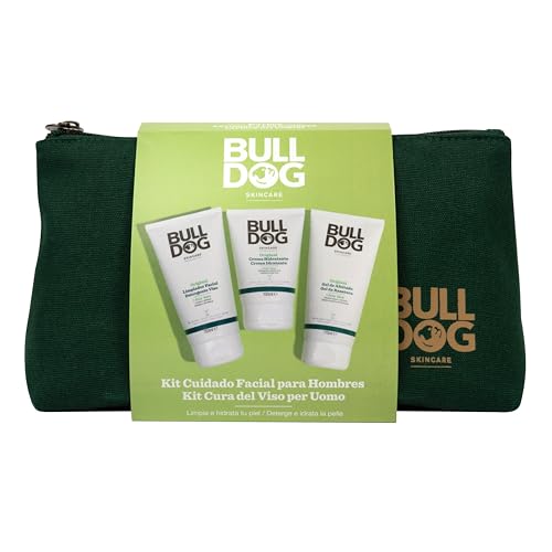 Bulldog Skincare - Neceser Cuidado Facial Hombre, Incluye: Limpiador Facial 150 ml + Gel de Afeitado 175 ml + Crema Hidratante 100 ml y Neceser de Tela Sostenible | Set Regalo Hombre Cuidado Facial