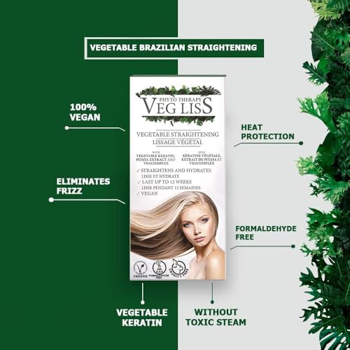 VegLiss Alisado Brasileño Vegetal, Kit Alisado con Champu Remineralizante PreTratamiento 30 ml, Tratamiento Alisador 120 ml, Sistema Anti-Amarillo, Libre de Silicona, Sulfatos y Parabenos