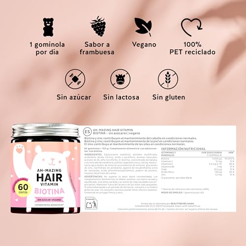 Bears with Benefits Ositos de gominola con altas dosis de biotina - Vitaminas capilares para el crecimiento y cuidado normal del cabello - 5000μg Biotina y Zinc - 60 unidades - Vegano - Sin azúcar