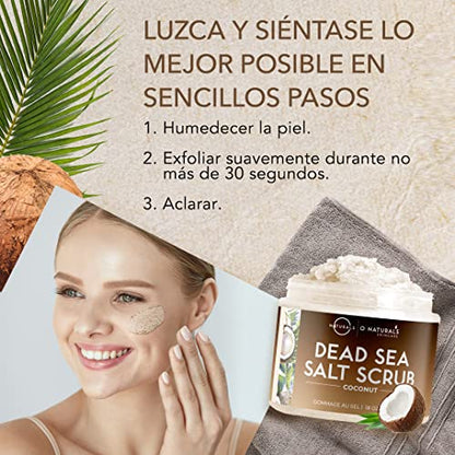 O Naturals Exfoliante de Aceite de Coco y Sal del Mar Muerto, Limpieza Profunda de Cara Cuerpo y Pies. Trata la Piel Grasa, Pelo Encarnado y Piel Muerta. Aceites Esenciales 500gr