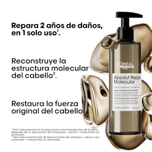 L’Oréal Professionnel, Tratamiento Sérum con Aclarado Absolut Repair Molecular, Repara y fortalece el cabello, Transforma y recupera al instante, Para todo tipo de Cabello Dañado, SERIE EXPERT, 250ml