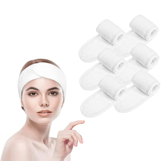 BangShou - Set de 6 Diademas Ajustables para Maquillaje y Spa - Toalla de Poliéster Suave y Absorbente para Limpieza Facial y Belleza - Blanco