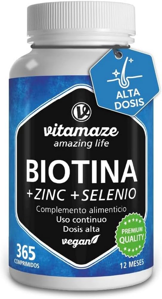 Biotina 10.000 mcg Zinc y Selenio (1 Año) - Biotina para Cabello Piel y Uñas - Crecimiento del Cabello y Anticaída - Vitaminas para Pelo y Uñas Fuertes - Sin aditivos, Vitamaze