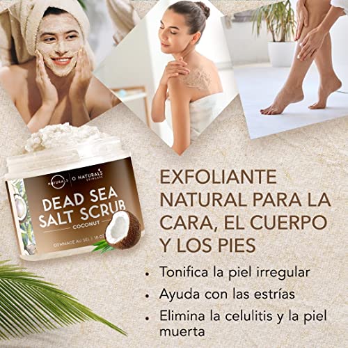 O Naturals Exfoliante de Aceite de Coco y Sal del Mar Muerto, Limpieza Profunda de Cara Cuerpo y Pies. Trata la Piel Grasa, Pelo Encarnado y Piel Muerta. Aceites Esenciales 500gr