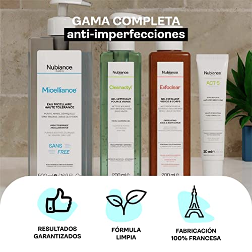 NUBIANCE - Tratamiento contra el acné, los puntos blancos y las espinillas - Pieles grasas o secas - Favorece el flujo de sebo - Agua micelar - Gel exfoliante para cara y cuerpo - Gel limpiador facial