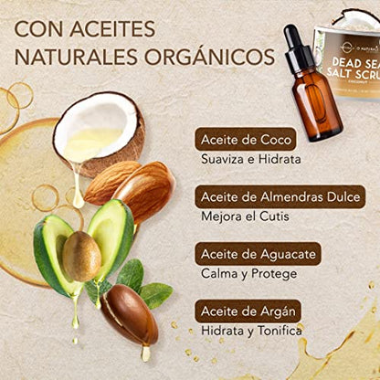 O Naturals Exfoliante de Aceite de Coco y Sal del Mar Muerto, Limpieza Profunda de Cara Cuerpo y Pies. Trata la Piel Grasa, Pelo Encarnado y Piel Muerta. Aceites Esenciales 500gr