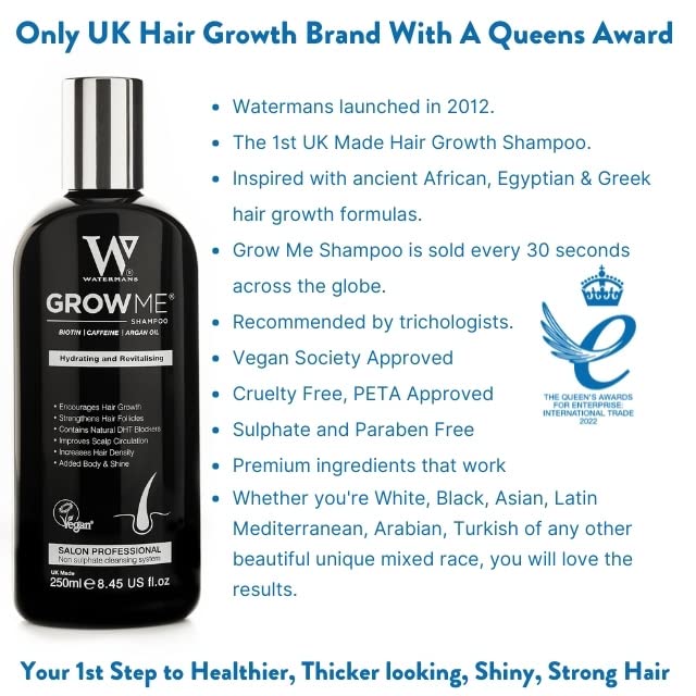 Watermans Grow Me - Champú para el crecimiento del cabello, Champú que bloquea la caída del cabello DHT, Fortalecimiento del cabello, Hecho en UK