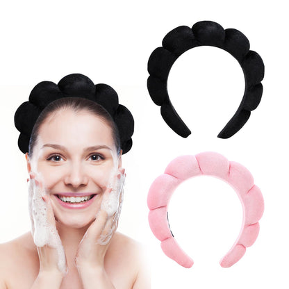 SYEYCW 2 Pieces Puffy Spa Headbands, Soft Sponge Headbands, Facial Makeup Headband for Women, for Face Washing, Skin Care, Makeup Removal, Shower, Yoga (Black, Pink)