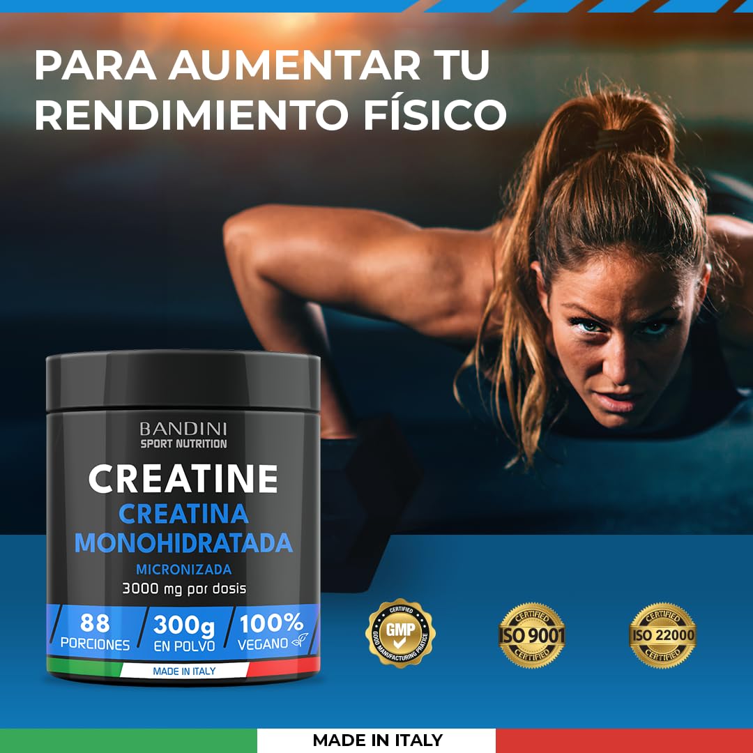 Bandini® Creatina Micronizada en Polvo - Monohidrato 100% Puro - Sin Sabor, Vegana, 88 Porciones (300g) - Rendimiento y Potencia Muscular