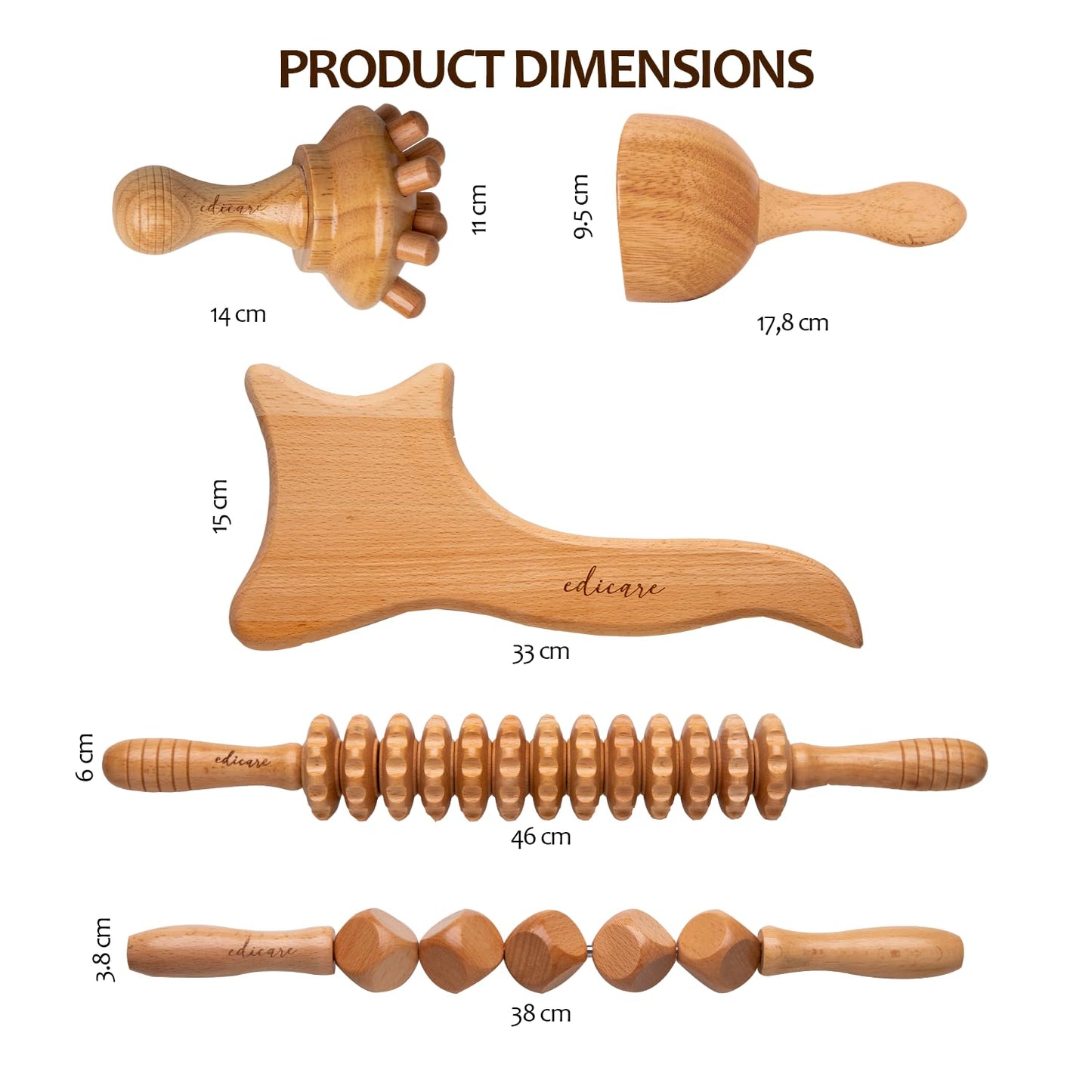 Edicare, Maderoterapia Kit, Masajeador Anticelulitico, Rodillo, Madera, Tablero, Copa, Espalda, Piernas, Muscular, Corporal, Estética