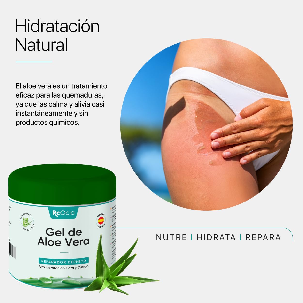 Gel Aloe vera 100% de Canarias crema hidratante natural 500 ml para la piel irritada por el depilado y afeitado/Quemaduras solares y picadura de insectos. Uso Facial y Corporal