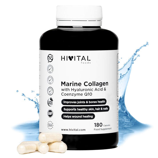 Colágeno Marino con Ácido Hialurónico, Coenzima Q10, Vitamina C y Zinc | 180 cápsulas | Péptidos que mantienen articulaciones, cartílagos, huesos, piel, cabello y uñas sanos