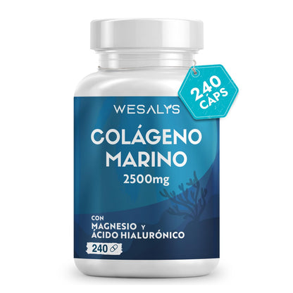 Colágeno Marino Hidrolizado 2500mg con Magnesio y Ácido Hialurónico | 240 Cápsulas | con Vitamina C natural, para cartílagos, huesos y piel | Alta dosis, Péptidos de Colágeno Marino Puro