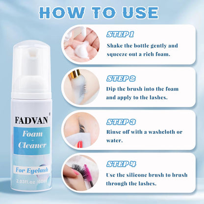 FADVAN Eyelash Shampoo Cleanser 60ML Shampoo Foaming Cleanser Professional Eyelash Cleaner for Eyelash Extensions and Home Use